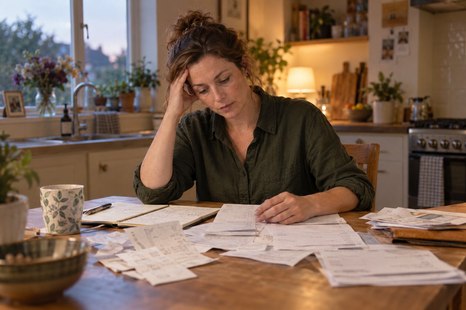 A tired woman sorting receipts and paperwork at her kitchen table in the evening