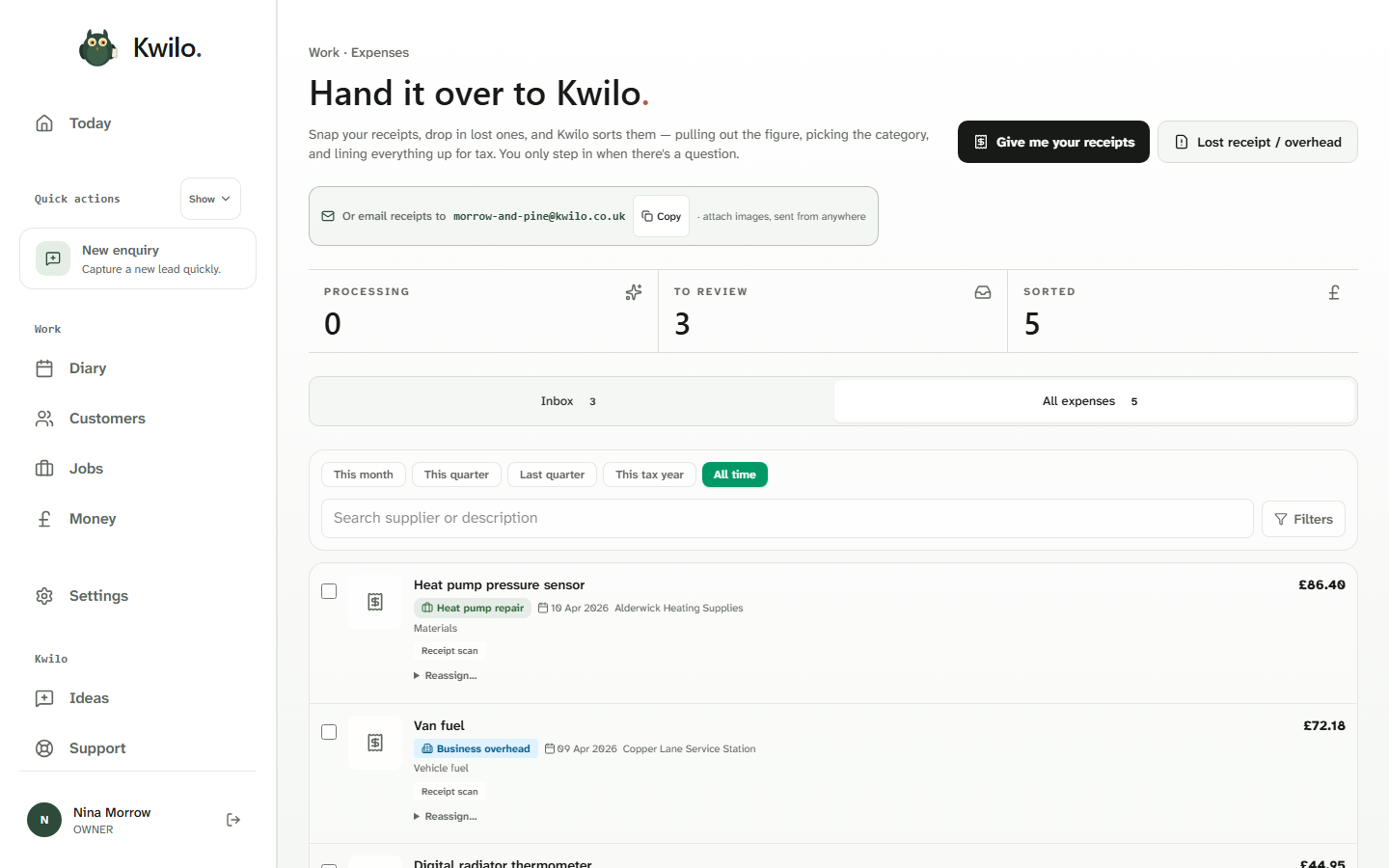 Kwilo Expenses showing five sorted business costs on desktop