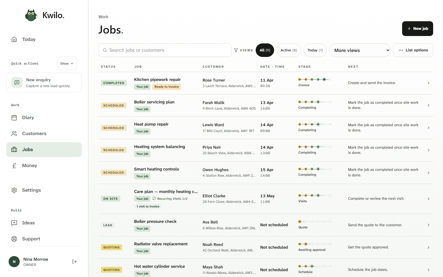 Kwilo Jobs list showing Customers, scheduled dates, workflow stages and next actions