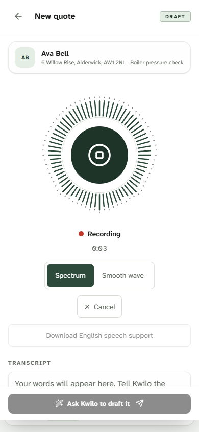 Magic Quote recording job details with its circular audio spectrum