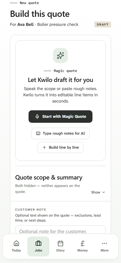 Kwilo Magic Quote entry for Ava Bell's Boiler pressure check Job, with voice and typed-note choices