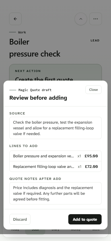 Kwilo Magic Quote showing suggested lines ready to review for a boiler pressure Job