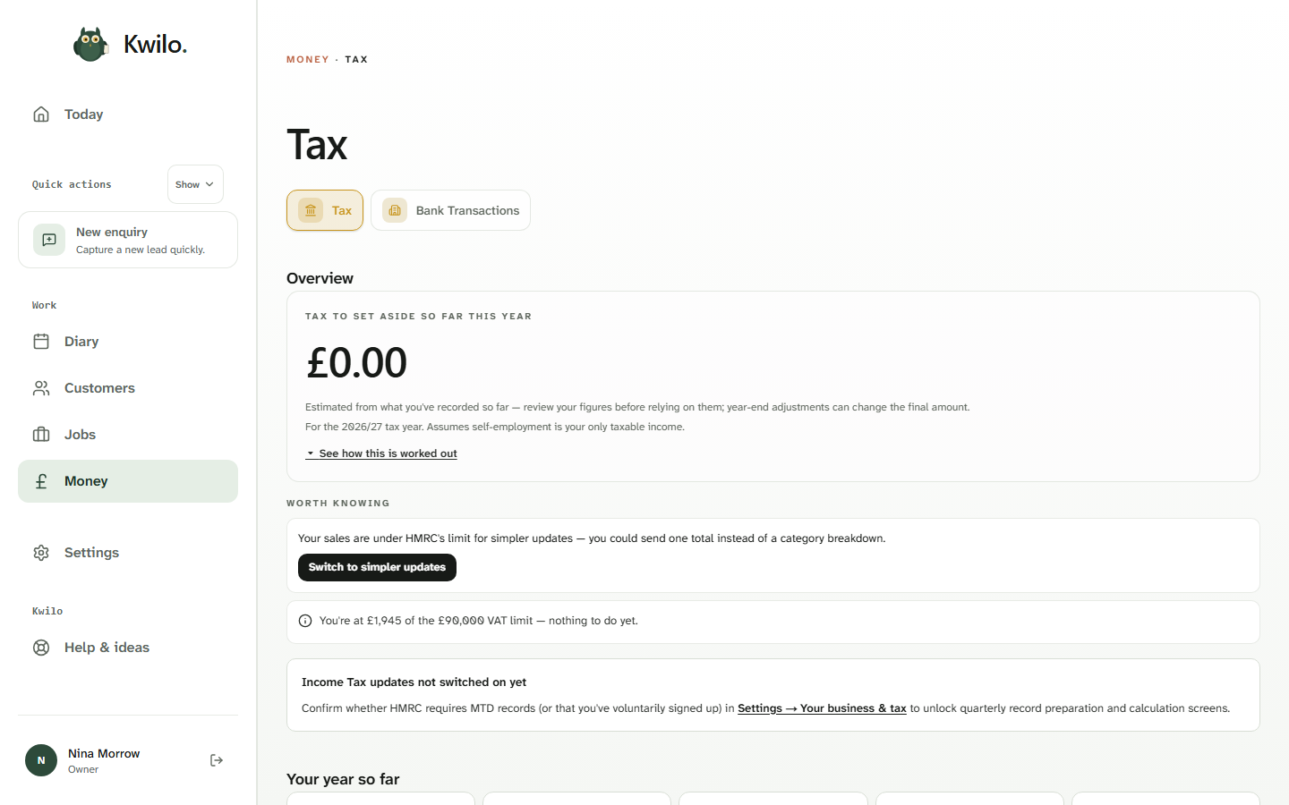 Kwilo Tax overview showing the estimated amount to set aside, MTD status and items worth checking