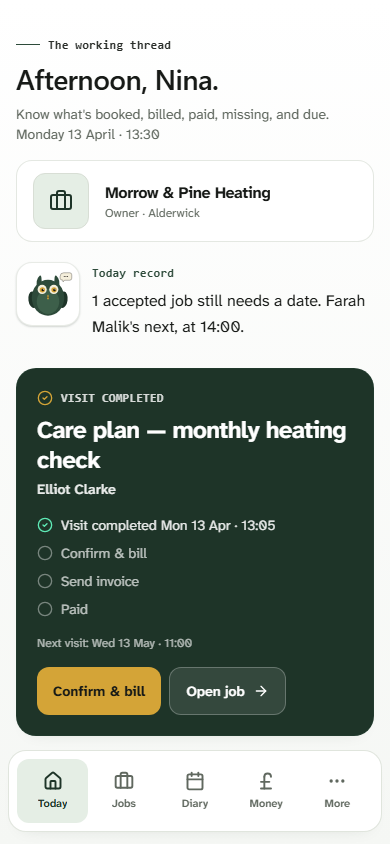 Kwilo Today showing a completed heating visit, the next billing step and the next booked job